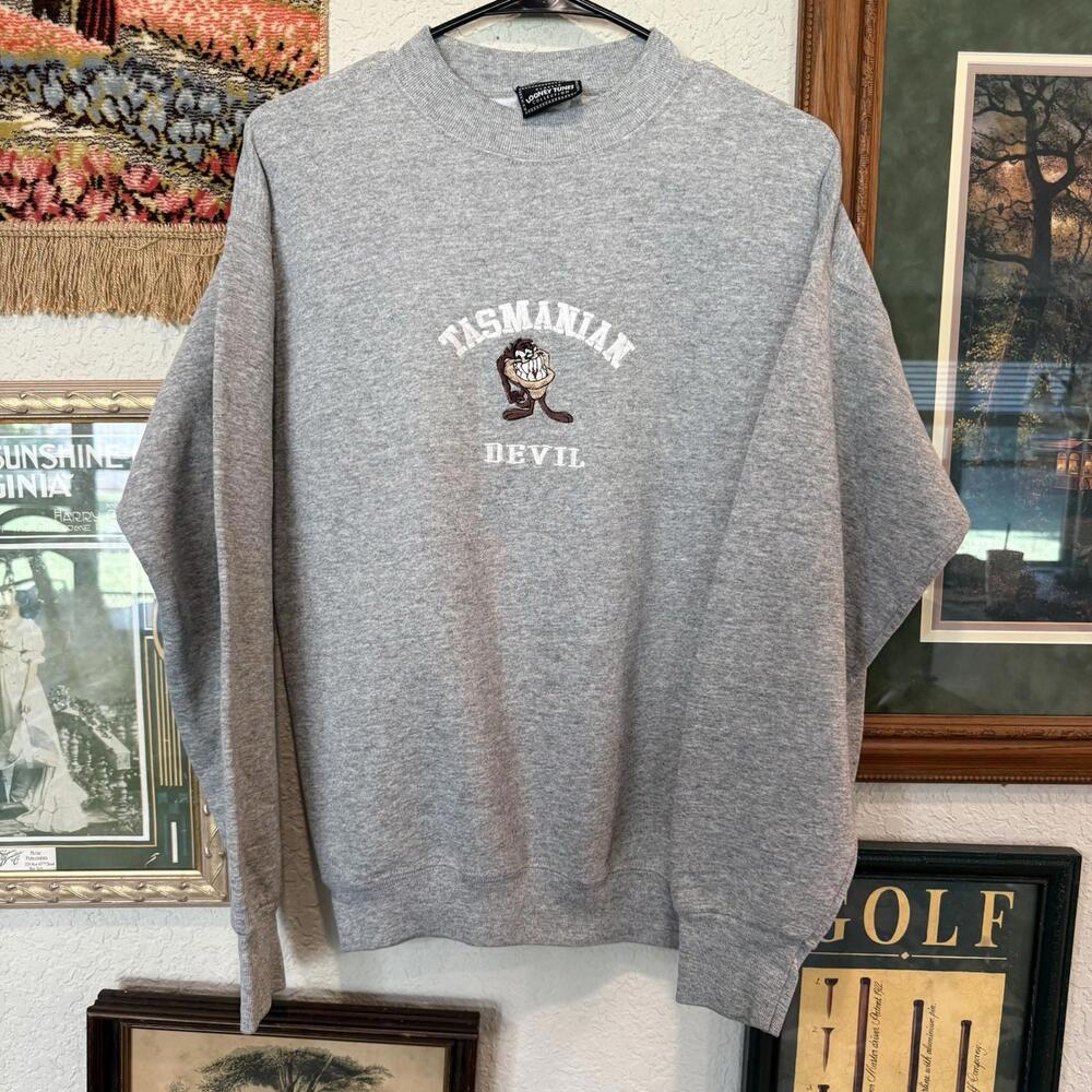 Vintage 90s Looney Tunes Tazmanian Devil Grey‎  Sweatshirt Crewneck Size Medium